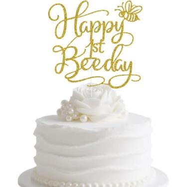Imagem de Happy 1st Beeday Cake Topper, Bee One/Fun to Bee One, Bee Theme Baby's 1st Birthday/Baby Shower Party Decorations Gold Glitter