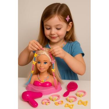 Imagem de Boneca Busto Interativa com Kit Fashion Bolsa Rosa tecido com 66 Acessórios Fala 12 Frases com Maquiagem Adesivos esmalte Infantil Acessórios para Cabelo Menina para Crianças 5 Anos ED1 Brinquedos