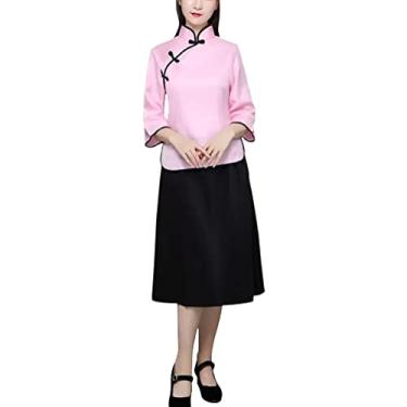 Imagem de Conjuntos de saia de blusa chinesa vintage feminina manga 3/4 de comprimento gola mandarim camisa top fantasia de estudante tradicional (preto+rosa, G)