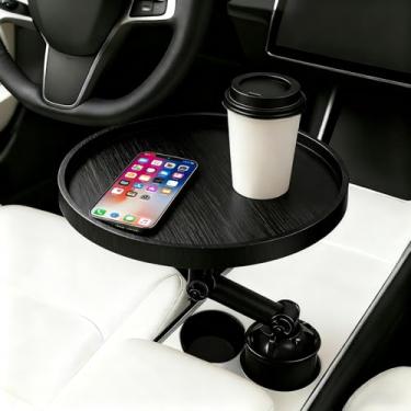 Imagem de Bandeja de suporte de copo de comida de carro – mesa giratória de 360° para carro e bandeja de assento de carro, mesa de carro de madeira removível para laptop e bandeja de comida, compatível com