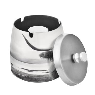 Imagem de Blueangle Cinzeiro engraçado de vaca Highland com tampa para cigarros, à prova de vento/chuva, aço inoxidável, sem fumaça, inodoro, cinzeiro para uso interno ou externo (175)