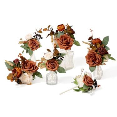 Imagem de Ling's moment Pacote com 6 minibuquês de centro de mesa de terracota para pôr do sol, decoração de mesa, flores, rosa, laranja, queimado, floral, três buquês grandes e três pequenos