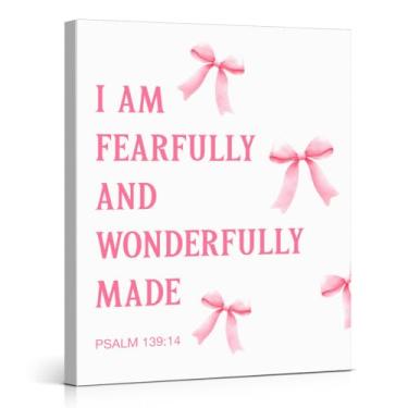 Imagem de Impressão artística de parede com laço rosa cristão coquete versículo bíblico salmo 139:14 pintura inspiradora rosa decoração de parede para casa quarto feminino dormitório 20 x 25 tela emoldurada