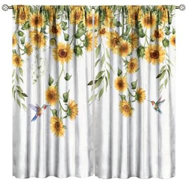 Imagem de Wallira Cortinas de girassol rústicas, cortinas de cozinha floridas amarelas de madeira de fazenda rústica, primavera, verão, flor, planta, beija-flor, tratamentos de janela para quarto, sala de estar