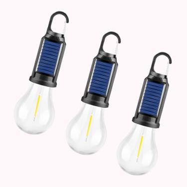 Imagem de MODOAO Pacote com 3 lâmpadas solares para ambientes externos, recarregáveis por USB C e alimentadas por energia solar, luz de barraca suspensa IPX4 à prova d'água com gancho para emergência, furacão