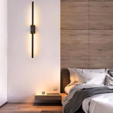 Imagem de GZZBMY LED interior apliques de parede modernos minimalista comprido linear candeeiros de parede metal ferro quarto cabeceira iluminação para corredores, sala de estar, escadas (luz quente preta, 100