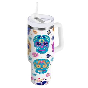 Imagem de Kigai Copo fofo com estampa de caveira de açúcar de 1,134 g com tampa e canudo, copo isolado de aço inoxidável durável à prova de vazamento com alça, garrafas de água à prova de derramamento para