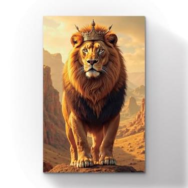 Imagem de Quadro Decorativo Leão Majestoso com Coroa, Arte em Canvas, Paisagem do Deserto, 60x40 cm, Estilo Realista
