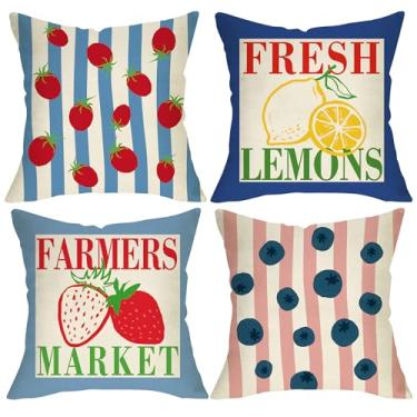 Imagem de Fjfz Farmers Market Frutas Decorativas Capas de Almofada 45,7 x 45,7 cm Conjunto de 4, Limão Fresco Morango Mirtilo Casa de Fazenda Varanda Decoração de Casa, Azul Listras Rosa Primavera Verão Sofá