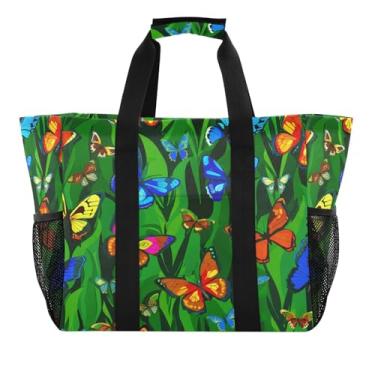 Imagem de Wassud Tulipas borboletas coloridas reutilizáveis sacolas de compras grande bolsa de lona impermeável organizador para praia, piquenique, lavanderia, viagem