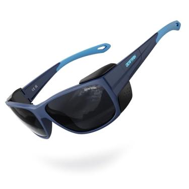 Imagem de DEAFRAIN Óculos de sol esportivos polarizados para homens e mulheres com proteção lateral removível para caminhadas, esqui, escalada, proteção UV, Armação: Azul marinho fosco / Lente: Preto
