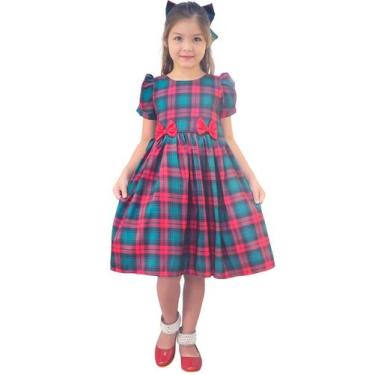 Imagem de Vestido Xadrez Infantil Natal Vermelho Verde Estilo Clássico com Laço 