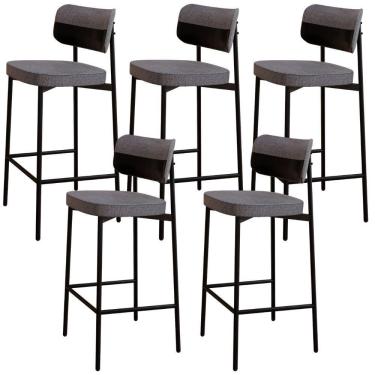 Imagem de Kit 05 Banquetas Alta Bar Cozinha Sala De Jantar Aço Preto Kaira C01 Linho Cinza Courino Preto - Lyam Decor