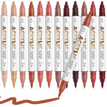 Imagem de Diyeever Canetas de tinta acrílica marrom avermelhado, à base de água, 12 cores, marcadores de tinta acrílica de ponta dupla para madeira, pedra, vidro, cerâmica, tela, tecido, pedra