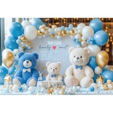 Imagem de Baocicco We Can Bearly Wait Pano de fundo para chá de bebê, 1,5 x 0,9 m, azul e branco, urso de desenho animado, balão para decoração de festa de bebê recém-nascido, fundo fotográfico para estúdio de
