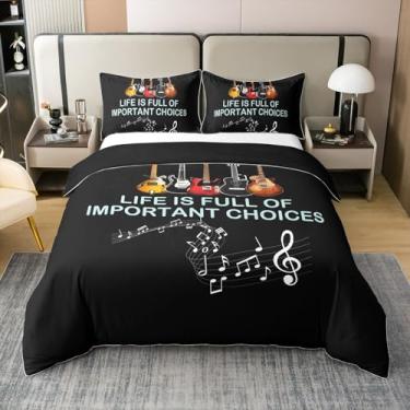 Imagem de Erosebridal Capa de edredom de guitarra 100% algodão, Queen, com notas musicais, para crianças, meninos, meninas, conjunto de cama com lema de escolhas importantes, 3 peças
