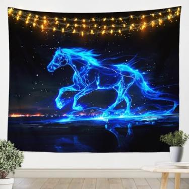 Imagem de Tapeçaria de Cavalo Azul Relâmpago Cavalo Decoração Sala de Estar Quarto Corcel Galopante Tapeçaria de Parede Arte Galáxia Tapeçaria para Decoração de Casa 59,1 x 83,7 cm