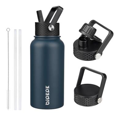 Imagem de BJPKPK Garrafas de água isoladas com tampa de palha, garrafa de água de aço inoxidável de 765 g com 3 tampas, garrafa térmica de metal à prova de vazamento livre de BPA, canecas, copos, mantenha frio