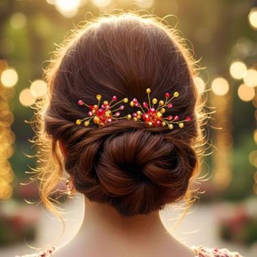 Imagem de Fstrend Alfinetes de cabelo elegantes para noivas, grampos de cabelo de noiva com strass vermelho e dourado, acessórios delicados de folhas de flores para mulheres