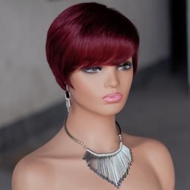 Imagem de Perucas curtas de corte Pixie para mulheres, cabelo humano com franja, feitas à máquina, em camadas, retas, peruca frontal sem cadarço #99J