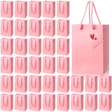 Imagem de Sherr 50 sacos de presente rosa para dia dos namorados com alças etiquetas 13 x 9 x 21 cm, pequenos sacos de papel brilhantes, presentes de casamento, aniversário, chá de bebê