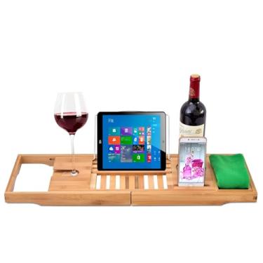 Imagem de Bandeja de banheira de bambu, bandeja de banho de teca expansível bandeja de mesa de banho de madeira e prateleira de banheira bandeja de banheira para banheira presentes para mãe, inauguração de casa