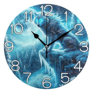 Imagem de GAIGEO Relógio de parede analógico decorativo redondo sem tique-taque silencioso quarto relógio de cozinha, arte de parede boho decoração de casa, árvore inverno lobo azul, 25 cm, ponteiros pretos