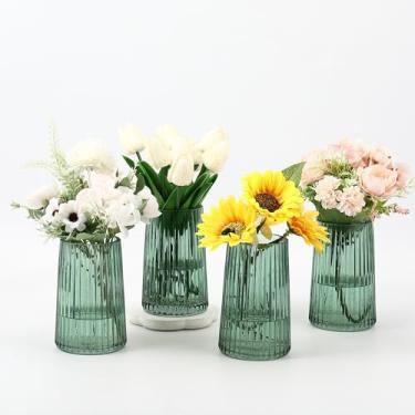 Imagem de MARTAGE Conjunto de 4 vasos de vidro verde, vasos pequenos para flores, vaso de flores para buquê, vaso de vidro moderno com nervuras para sala de estar, quarto, mesa de jantar, escritório, casamento
