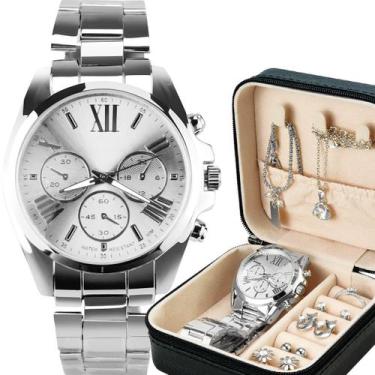 Imagem de relogio feminino prateado + colar + pulseira + porta joia prova dagua 