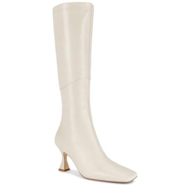 Imagem de Coutgo Bota feminina de couro com salto gatinho na altura do joelho e bico quadrado com zíper, Bege, 39