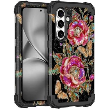 Imagem de Rancase Capa para Galaxy S25 FE, proteção resistente à prova de choque de três camadas de plástico rígido + capa protetora de borracha de silicone macio para Samsung Galaxy S25 FE, flor preta
