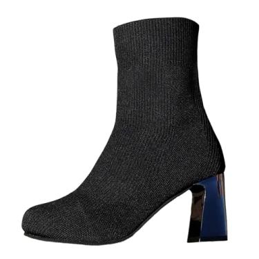Imagem de Botas de inverno casuais modernas para mulheres com bico de malha elástica, salto grosso e design de salto médio, Preto, 35