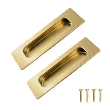 Imagem de MOROBOR Puxadores de dedo embutidos quadrados dourados brilhantes e embutidos, puxadores de porta deslizante de comprimento com alça oculta puxadores de armário de aço inoxidável para gaveta de