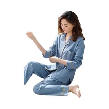 Imagem de Pijamas De Algodão Para Mulheres Em Tamanho Grande, Conjunto De Camisa