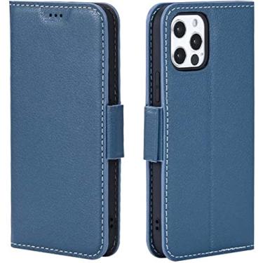 Imagem de CYSUE para Apple iPhone 13 Pro (2021) 6,1 polegadas Carteira Folio Stand Case [Porta-cartão], Capa de telefone de couro de bezerro com fivela magnética [pulseira] (Cor: Azul)