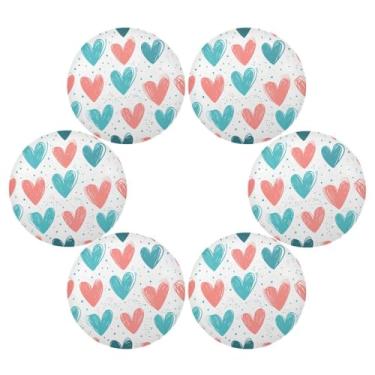 Imagem de Wassud Jogo americano conjunto de 6 tapetes redondos de corações com pinceladas para cozinha e jantar tapetes laváveis resistentes ao calor para decoração de mesa 39 cm
