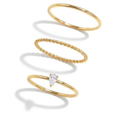 Imagem de BENIQUE Anéis de empilhamento delicados em ouro 18K para mulheres, pulseira fina de 1 mm com pequenas pedras de zircônia cúbica, aço inoxidável banhado a ouro não manchado, corte de coração de pera