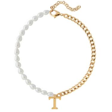 Imagem de Wellike Colar de corrente de meia pérola, meia Cuba, com iniciais, aço inoxidável, PVD, pingente de ouro 18K, gargantilha grossa de ouro com caixa de presente, Standard, Zircônia cúbica, Pérola de