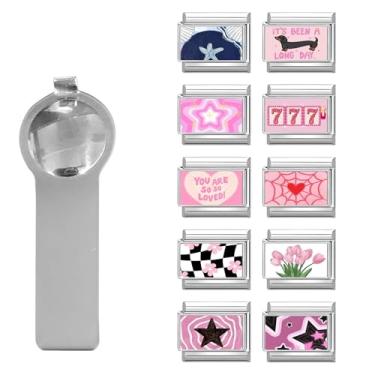 Imagem de papasgix Conjunto de 11 peças de pingentes italianos, 10 mm x 9 mm pulseira de berloque italiano rosa elos padrões coloridos flor coração estrela aço inoxidável DIY joias presentes para dia dos