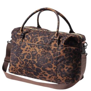 Imagem de ESVAN Bolsa de viagem para academia, bolsa de mão para o fim de semana, bolsa tiracolo com bolso molhado e manga de carrinho atualizada, Estampa de veludo cotelê e leopardo, Tendência