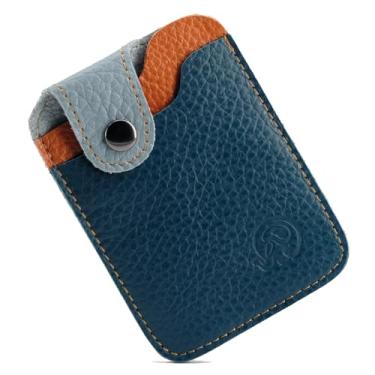 Imagem de Carteira vertical de couro elegante para mulheres – Porta-cartões fino com dois compartimentos, fecho de pressão e costura elegante, Azul, Tendência