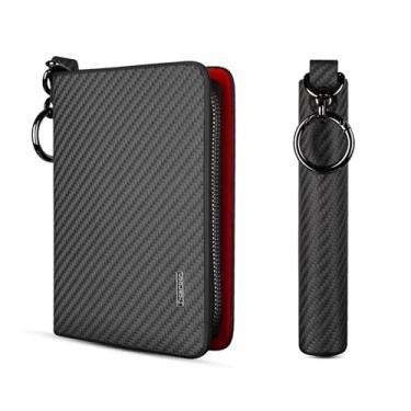 Imagem de T-carbon Porta-cartão de crédito com zíper, carteira com bloqueio de RFID para homens e mulheres, porta-cartões de visita de couro de fibra de carbono, 24 compartimentos para cartões vermelhos