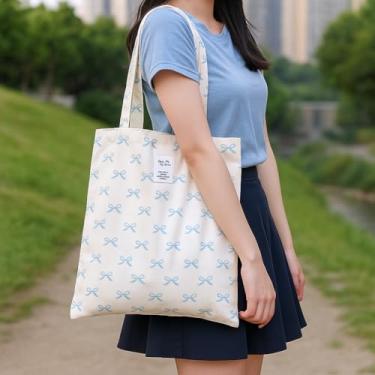 Imagem de Bolsa de lona com detalhe de laço, bolsa de ombro espaçosa com alça ajustável, bolsa feminina casual, Azul