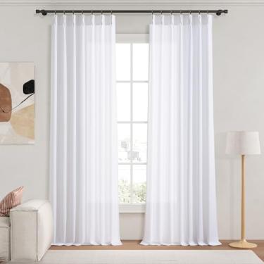 Imagem de Cortinas extra longas de 213 cm de comprimento, cortinas plissadas de linho branco transparente para quarto e sala de estar, filtragem de luz, tratamentos de janela semitransparentes, painéis de