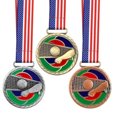 Imagem de Huquary 3 medalhas coloridas de voleibol, ouro, prata, bronze, bola, prêmio, medalhas com fita de pescoço para torneios esportivos de crianças e adultos