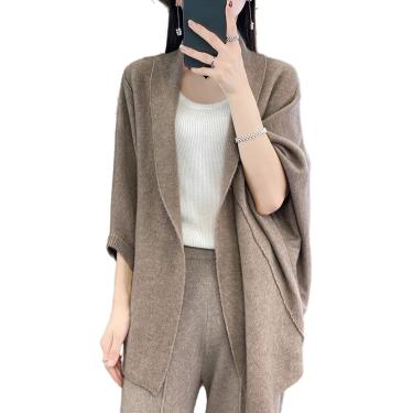 Imagem de Suéter De Malha De Lã Merino Para Mulheres Poncho Aberto Para Outono Inverno, Dark Camel, One Size