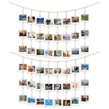 Imagem de VZZNN Pacote com 2 expositores de fotos para pendurar com clipes, contas de madeira, guirlanda, faixa fotográfica, colagem, porta-cartões com 56 clipes para decoração de quarto de Natal, dormitório