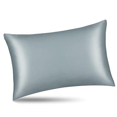 Imagem de ALASKA BEAR Fronha de seda natural, hipoalergênica, 19 Momme, 600 fios 100% seda amoreira, tamanho Queen com zíper oculto (1, azul embaçado)