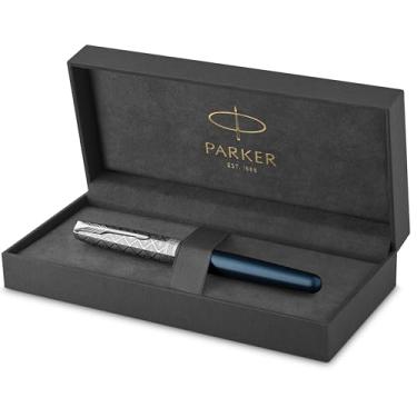 Imagem de PARKER Caneta-tinteiro Sonnet | Metal premium e acabamento acetinado azul com acabamento cromado | Ponta fina de ouro 18 k com cartucho de tinta preta | Caixa de presente
