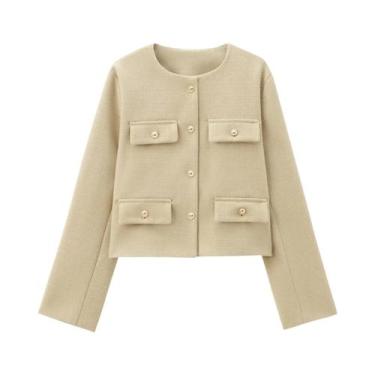 Imagem de Casaco Curto Casual De Inverno Feminino Com Decote Redondo E Decoração